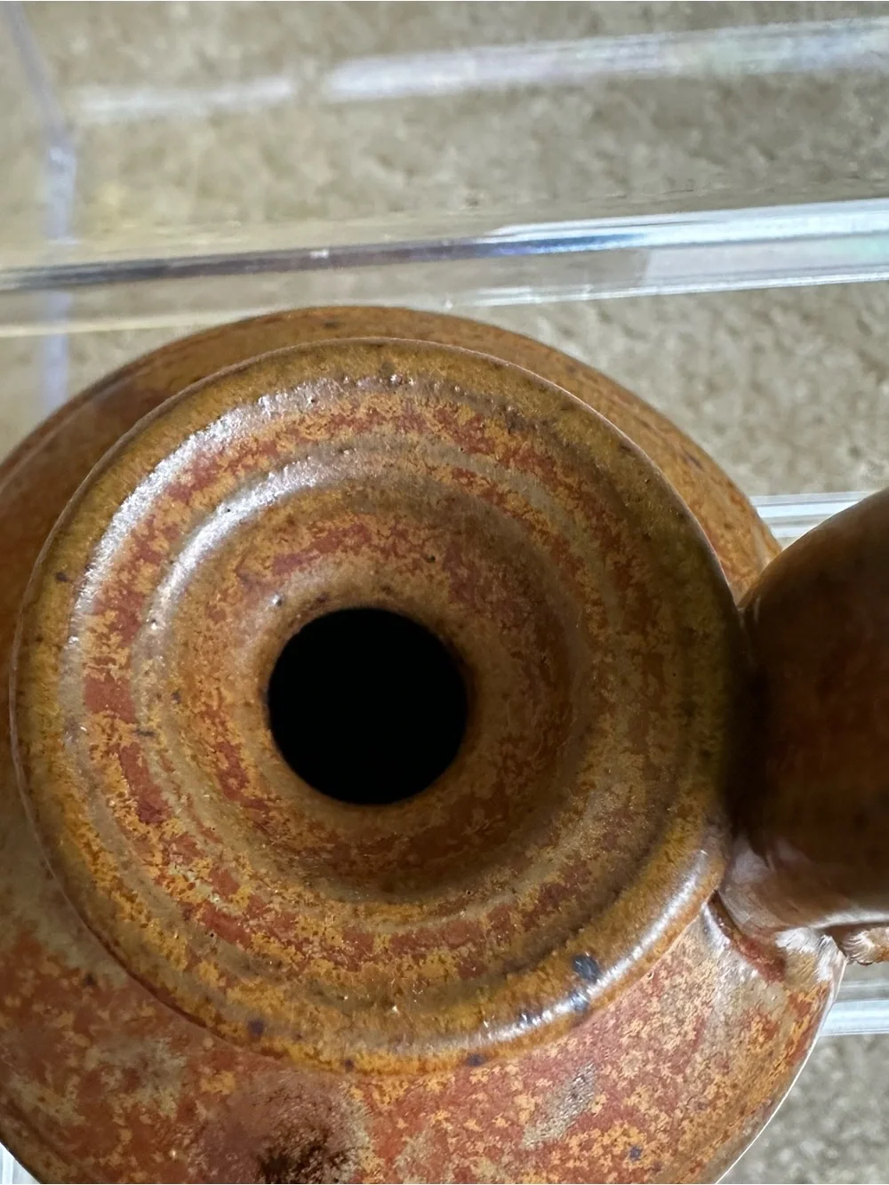 Signed Studio Pottery Taper Candle Holder Chamberstick Loop Handle